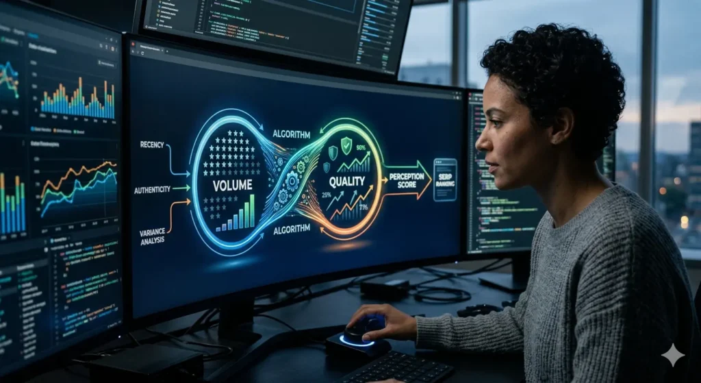 How Do Algorithms Balance Review Volume and Quality for Perception Control?