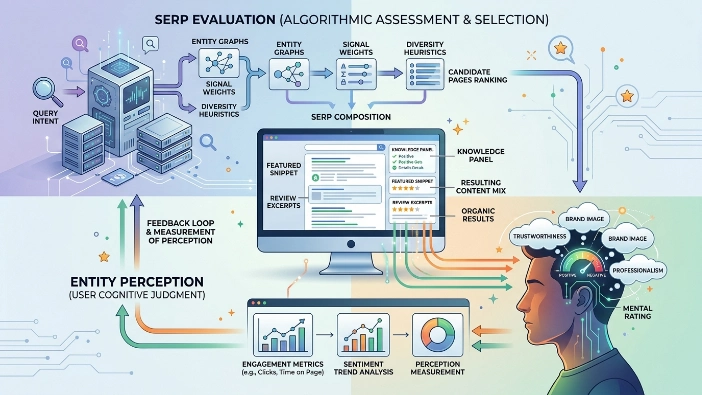 How are entity perception and SERP evaluation connected in reputation measurement