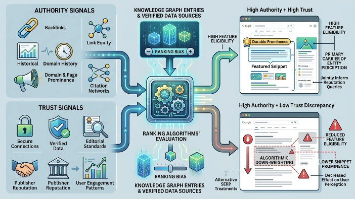 How do authority and trust signals interact to influence SERP evaluation
