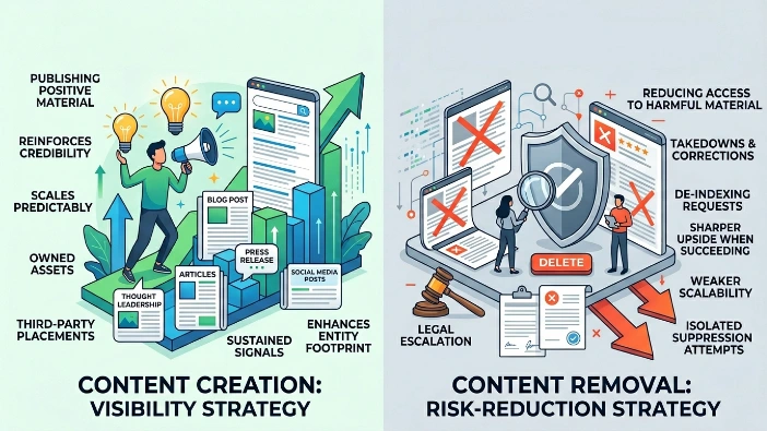 How do content creation and content removal strategies compare