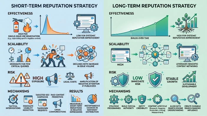 How do short-term and long-term reputation strategies differ in effectiveness, scalability and risk