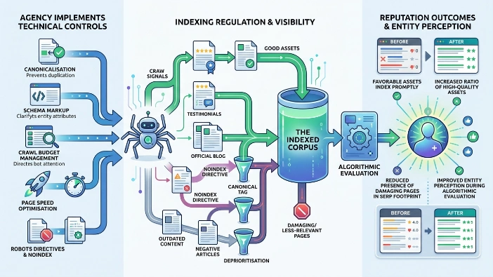 How do technical SEO and indexing controls contribute to reputation outcomes