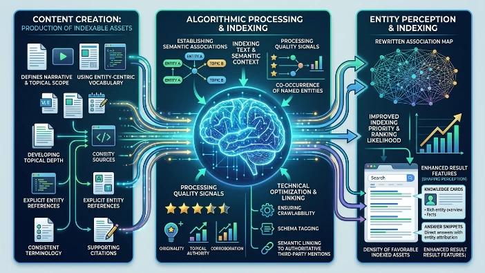 How does content creation influence entity perception and indexing within search systems