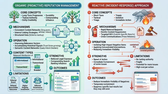 How does organic (proactive) reputation management compare with reactive (incident-response) approaches