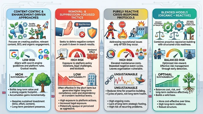What are the comparative risks and sustainability profiles of different reputation‑management approaches