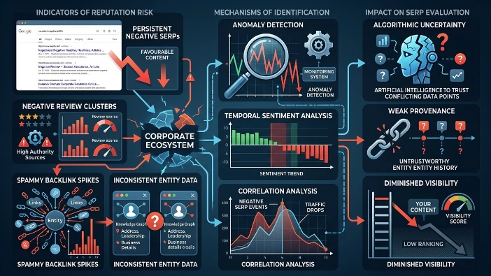What patterns indicate a damaged or at-risk corporate reputation online?