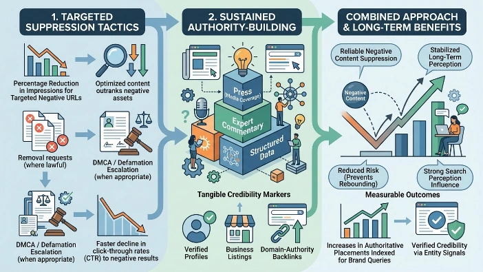 Which approach ensures reliable negative content suppression without creating rebound risk