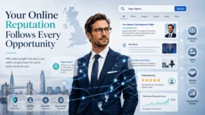 Professional person surrounded by search results, trust signals, reviews, and digital footprint icons showing how online reputation affects opportunities in the UK.