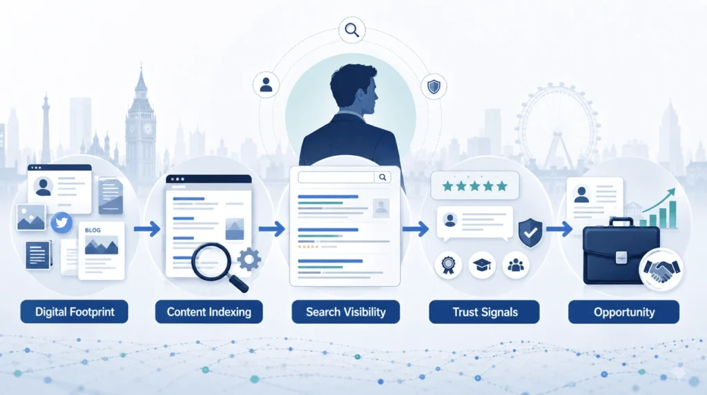 Infographic showing the journey from digital footprint and content indexing to search visibility, trust signals, and professional opportunities.
