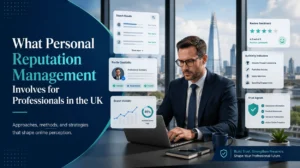 UK professional reviewing search results, reputation signals, review sentiment, and online credibility indicators for personal reputation management.