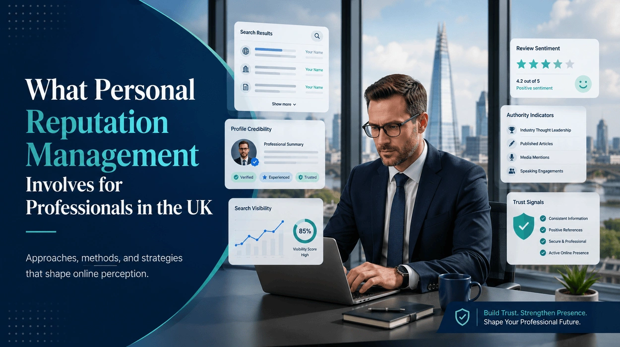 UK professional reviewing search results, reputation signals, review sentiment, and online credibility indicators for personal reputation management.