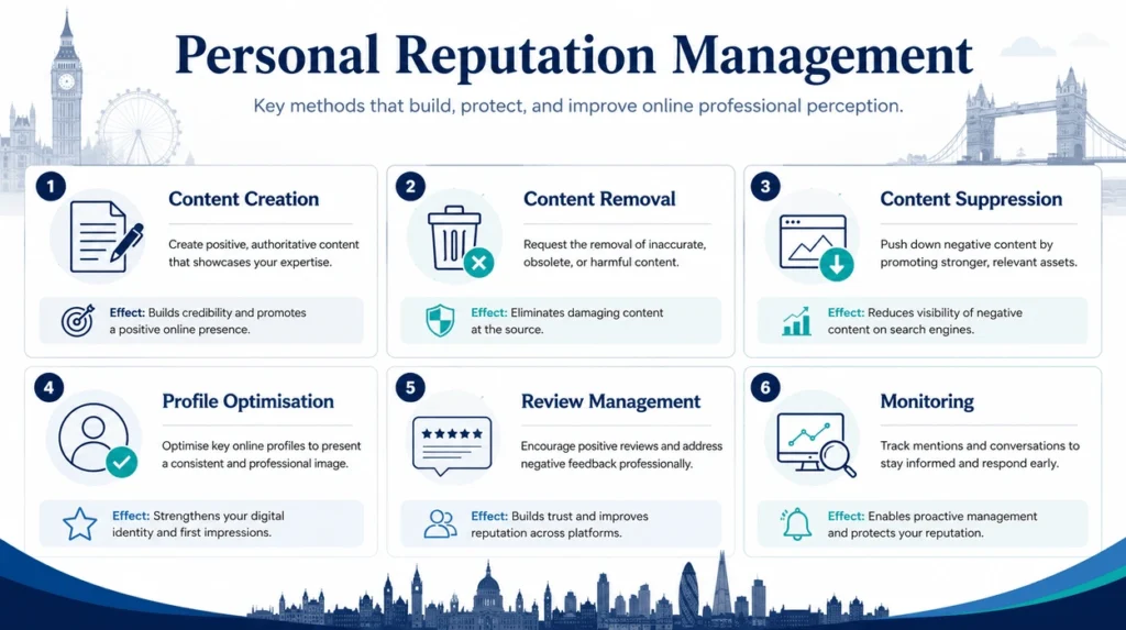 Infographic showing personal reputation management methods including content creation, content removal, content suppression, profile optimisation, review management, and monitoring.