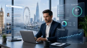 UK professional reviewing search visibility, trust signals, sentiment overview, and reputation score on a digital dashboard for personal reputation management.