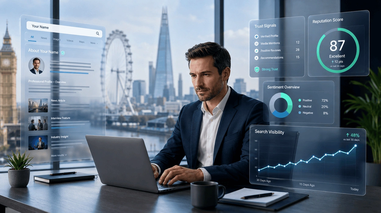 UK professional reviewing search visibility, trust signals, sentiment overview, and reputation score on a digital dashboard for personal reputation management.