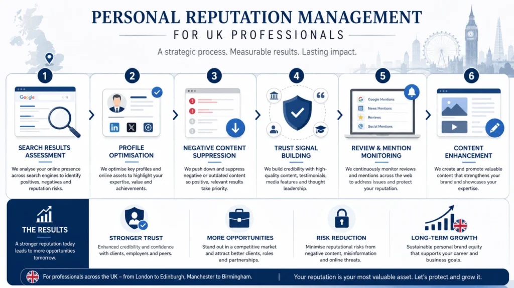 Infographic showing a personal reputation management process including search results assessment, profile optimisation, negative content suppression, trust signal building, review monitoring, and content enhancement.