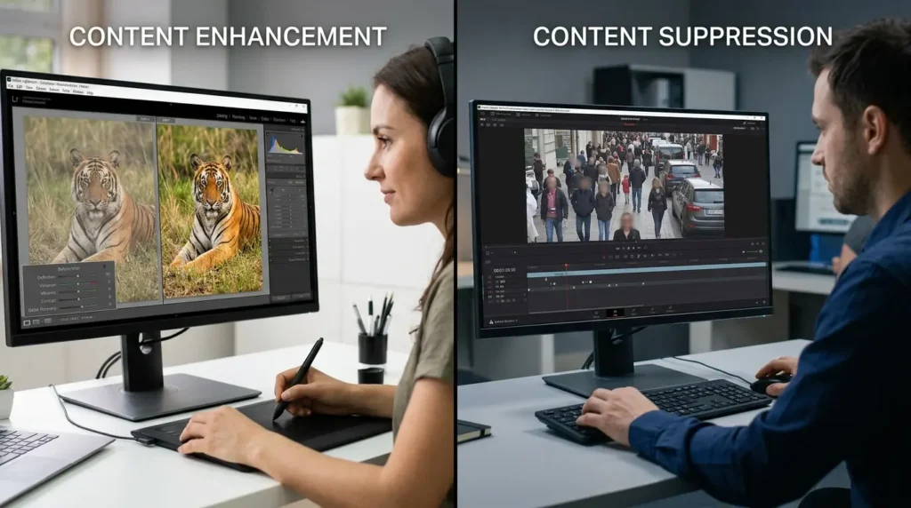 How do content enhancement and content suppression compare in SERP control effectiveness?