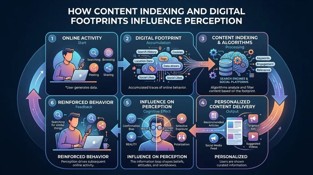 How do content indexing and digital footprints influence perception?