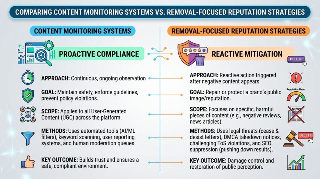 How do content monitoring systems compare with removal-focused reputation strategies?