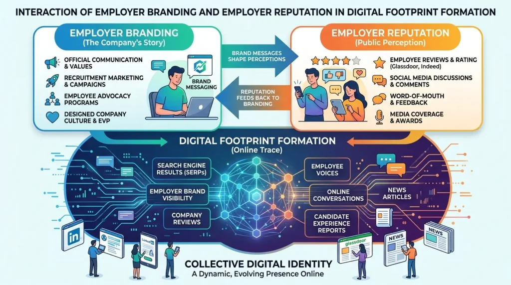 How do employer branding and employer reputation interact in digital footprint formation?