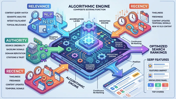 How do algorithms balance relevance, authority and recency when ranking positive content