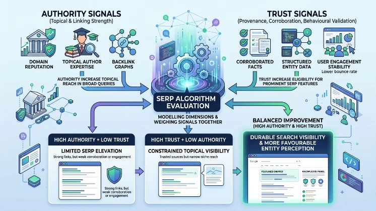 How do authority and trust signals interact within SERP evaluation