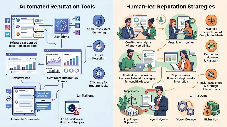How do automated reputation tools compare with bespoke human-led strategies for accuracy and risk control