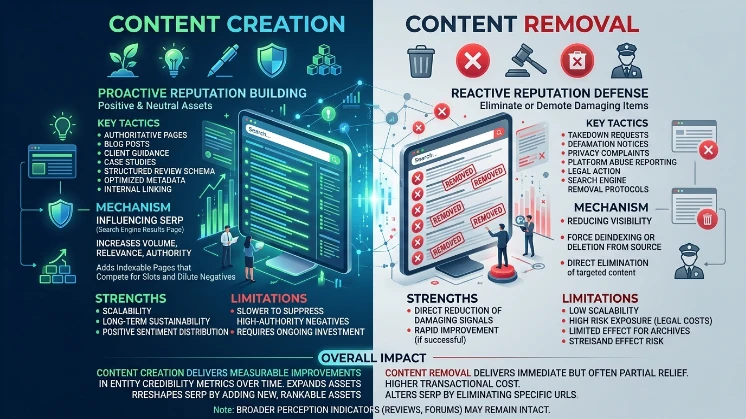 How do content creation and content removal strategies compare for solicitors' online reviews and trust