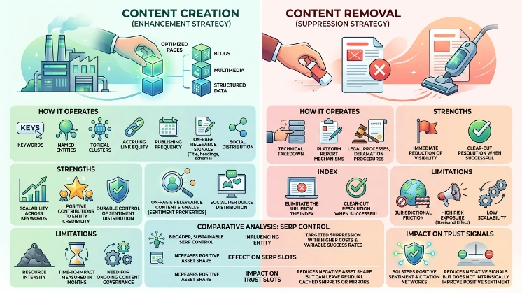 How do content creation and content removal strategies compare for suppressing negative search results
