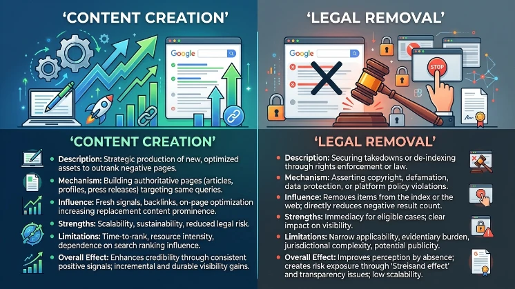 How do content creation and legal removal compare as methods for suppressing negative Google results