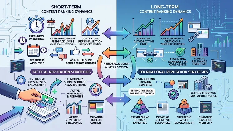 How do content ranking dynamics interact with entity-level reputation strategies