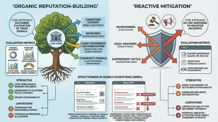 How do organic reputation-building approaches compare with reactive mitigation in terms of effectiveness for law firms