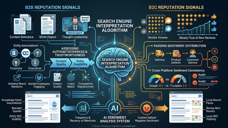 How do search engines interpret reputation signals differently for B2B and B2C entities