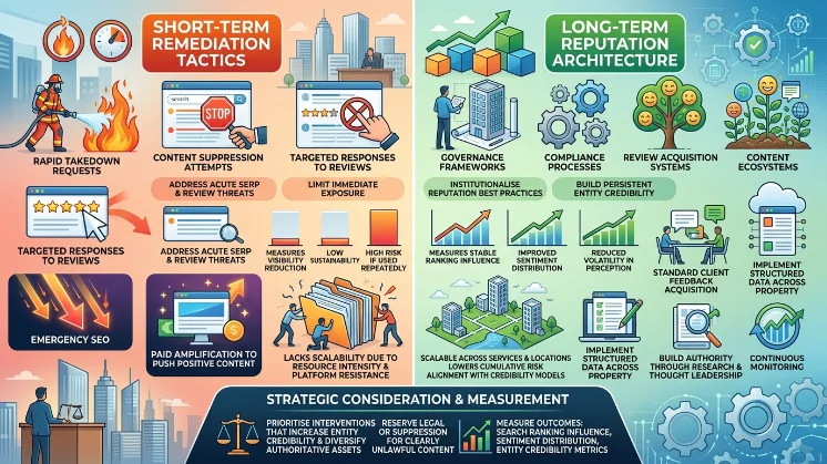 How do short-term remediation tactics compare with long-term reputation architecture for solicitors