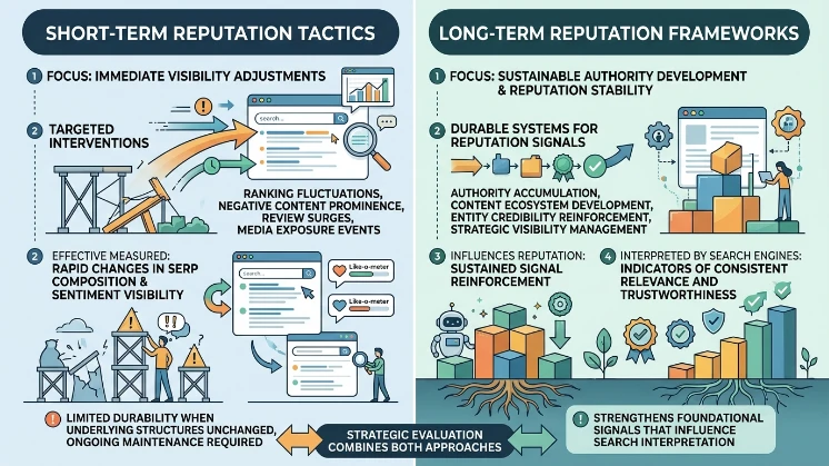 How do short-term reputation tactics compare with long-term reputation frameworks