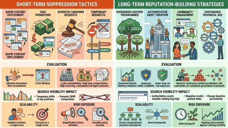 How do short-term suppression tactics compare with long-term reputation-building strategies