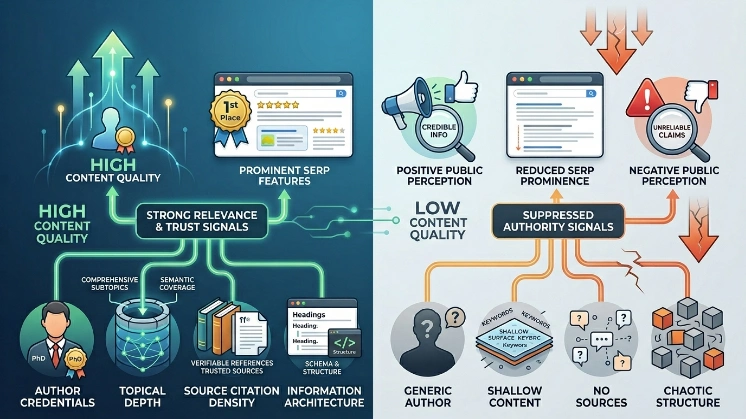 How does content quality shape credibility and ranking
