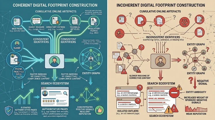 How does digital footprint construction affect solicitor search reputation