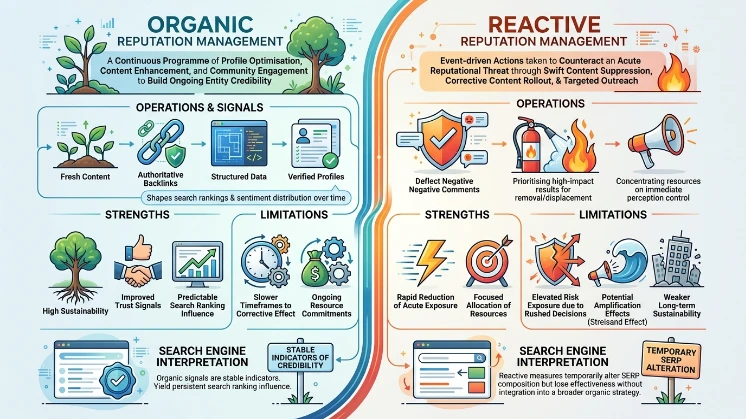 How does organic reputation management compare with reactive (crisis-driven) approaches