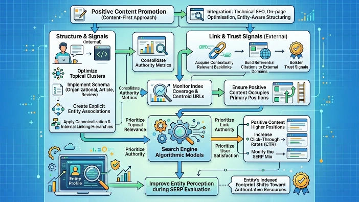 How does positive content promotion work alongside SEO to influence SERP evaluation
