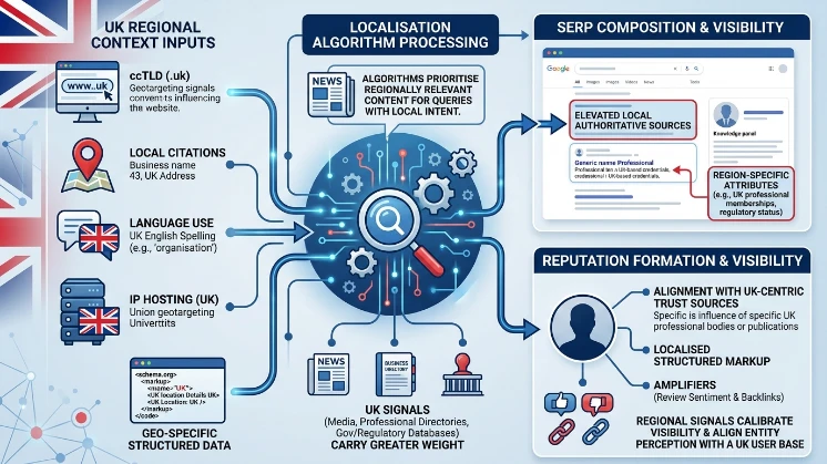 How does regional context (UK) influence reputation signals and rankings