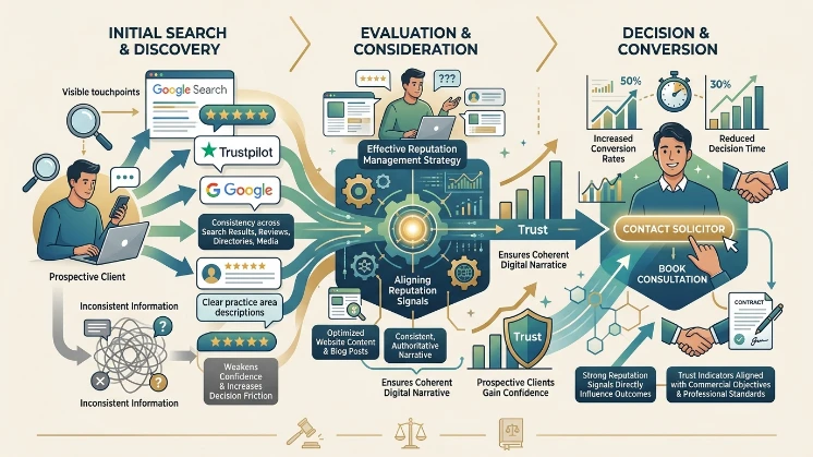 How does solicitor reputation management support client trust throughout the decision journey