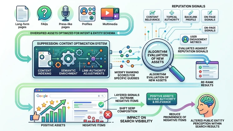 How does suppression operate within search ecosystems to change entity perception