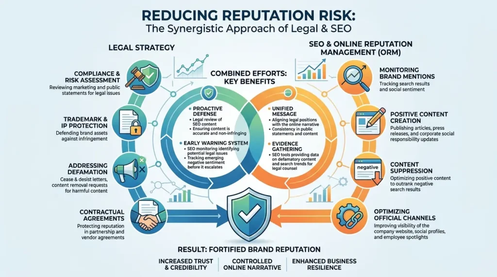 How does the legal and SEO combination reduce reputation risk?
