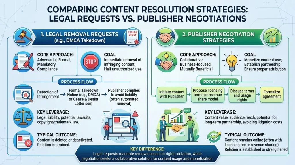 How do legal removal requests compare with publisher negotiation strategies?