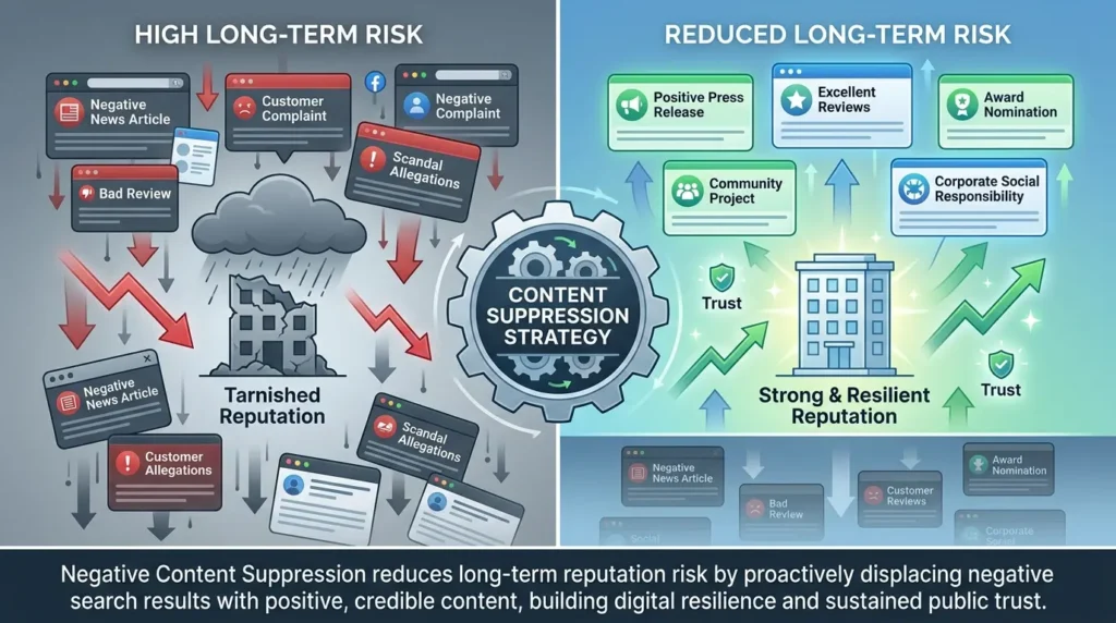 How does negative content suppression reduce long-term reputation risk?