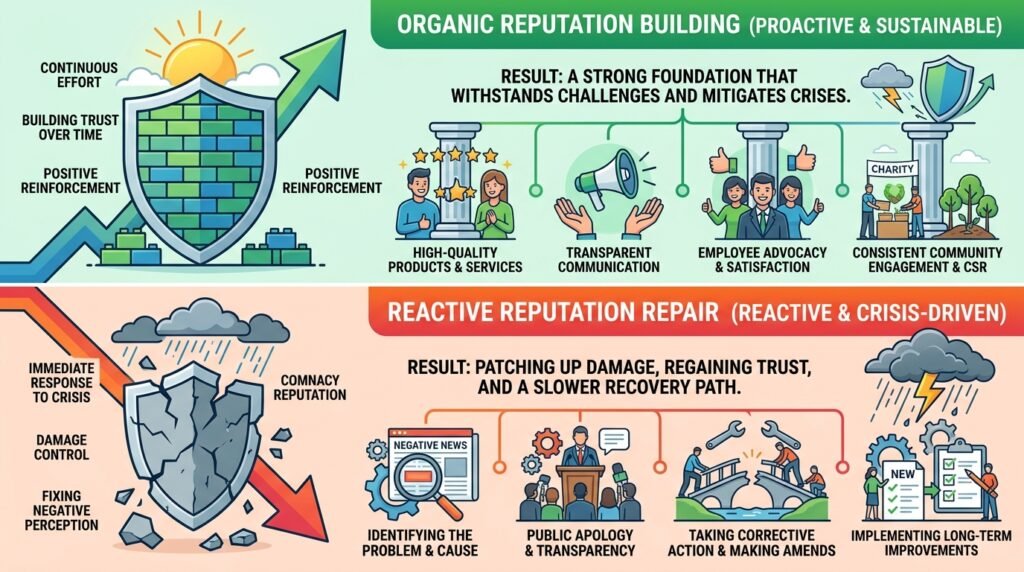 How does organic reputation building differ from reactive reputation repair in search ecosystems?