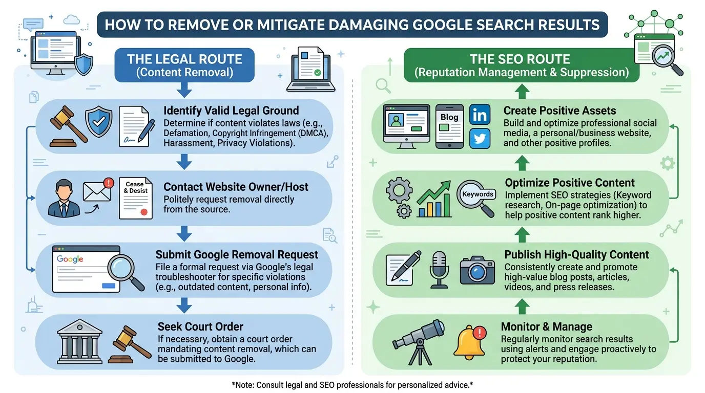Legal routes may be appropriate when content is defamatory, false, infringes privacy rights, or violates applicable laws. SEO is generally used when content is lawful but damaging to reputation, helping improve search perception by increasing the visibility of positive and authoritative content.