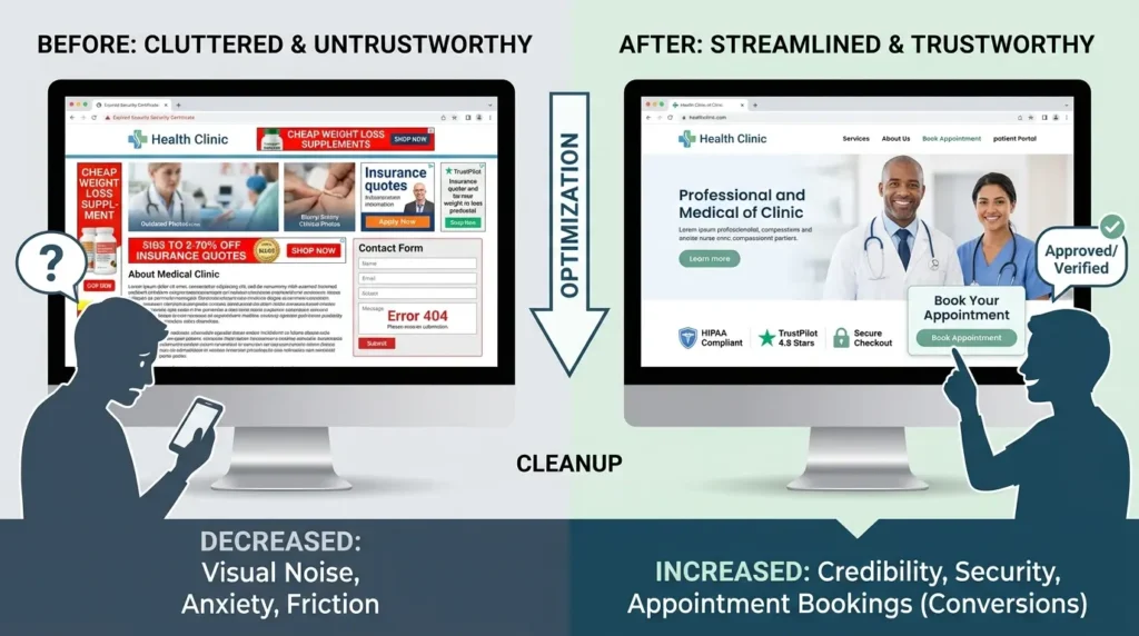 How does removing unwanted content improve patient trust and conversion rates?
