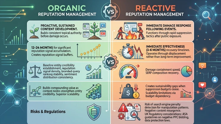 What are the differences between organic and reactive reputation management approaches?