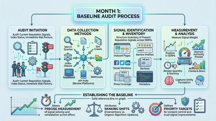 What happens in month 1 of a reputation management timeline